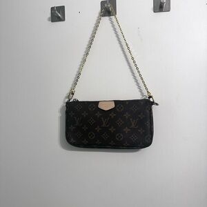 Louis Vuitton Brown Monogram Canvas Pochette with Gold Chain